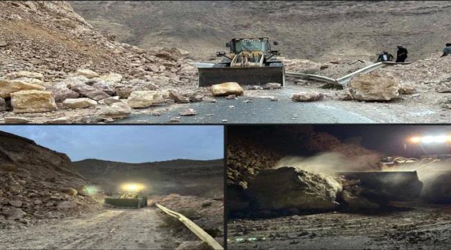 المهرة .. مؤسسة الطرق تعيد فتح الطريق الدولي بعد انهيار صخري مفاجئ
